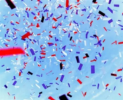 Red, white, and blue confetti floats in the air against a bright sky background, likely for a celebratory or promotional event.